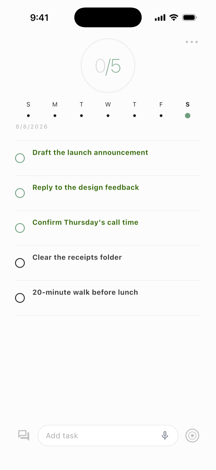 The do5 app showing today's five priorities and daily progress